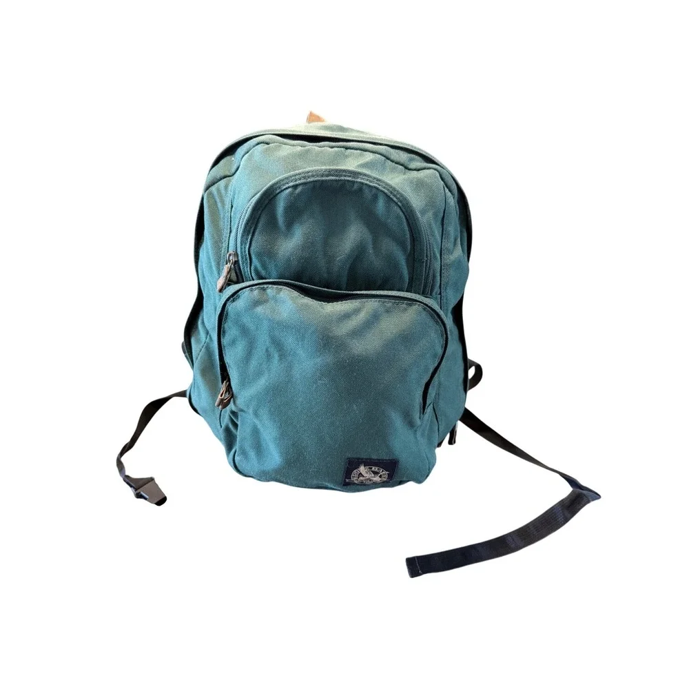 Vintage Eddie Bauer Green Nylon Canvas Backpack Leather Bottom Daypack Bag